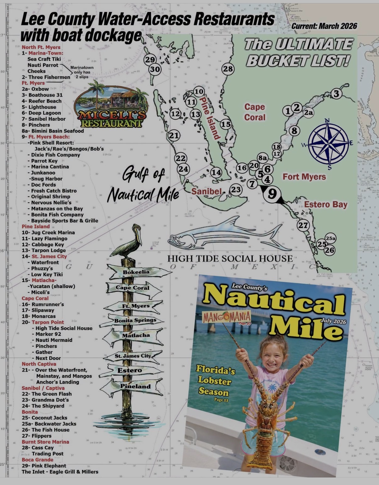 Lee County water-access restaurants map with numbered stops
