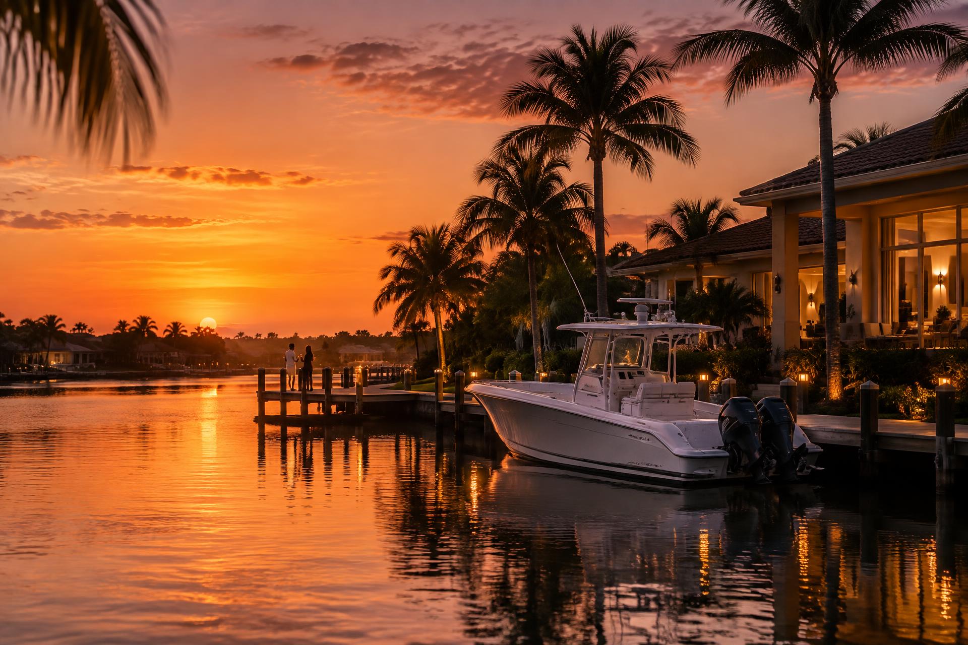 A boat at a private dock beside a waterfront home on a Cape Coral canal at golden-hour sunset, palms overhead